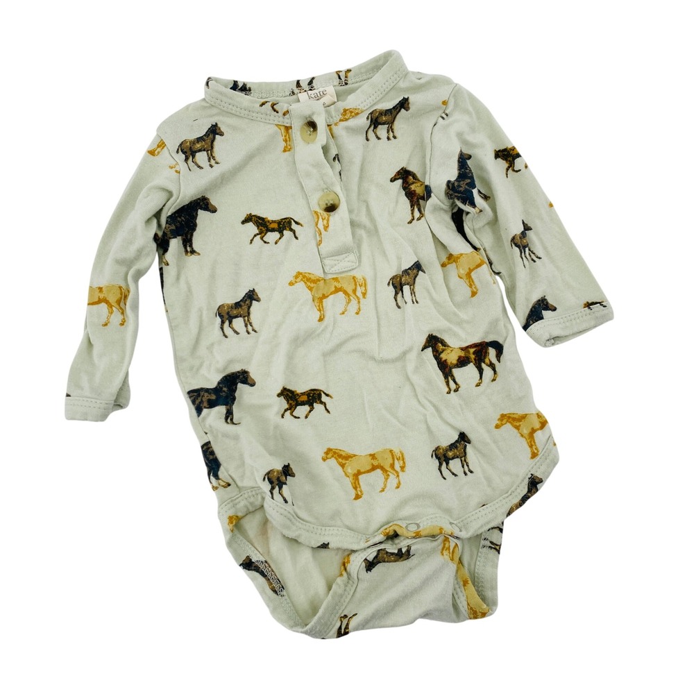 Kate Quinn Horse Bodysuit Kids 0-3M Sage Green Bamboo Long Sleeve Henley